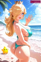 1girl 1girls ai_assisted ai_generated ass beach bikini blonde_hair blue_eyes breasts cloud crown day earrings female female_only hair_over_one_eye jewelry large_breasts light-skinned_female long_hair looking_at_viewer looking_back mario_(series) nintendo ocean open_mouth outdoors princess_rosalina princess_rosalina_(movie) rosalina shiny_skin sky smile solo stelmazura swimsuit thong_bikini tree waving wet