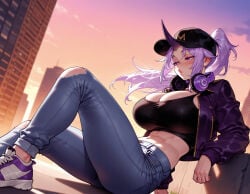 1girl 1girls abs ai_generated arm_support balecxi baseball_cap black_headwear blush breasts building city cityscape cleavage clothing cloud crop_top cropped_jacket curvaceous curvaceous_female curvaceous_figure curvy curvy_figure denim female female_focus floating_hair gradient_sky hat headphones headphones_around_neck horns huge_breasts jacket jeans knee_up large_breasts lips long_hair long_sleeves looking_to_the_side midriff muscular muscular_female navel oni open_clothes open_jacket outdoors pants ponytail puckered_lips purple_eyes purple_footwear purple_hair purple_horns purple_jacket purple_sky pursed_lips shion_(tensei_shitara_slime_datta_ken) shoes single_horn sitting sky sneakers solo stomach sunset tensei_shitara_slime_datta_ken torn_clothes torn_pants voluptuous voluptuous_female