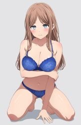 noshimurin bang_dream! 1girls solo solo_female female female_only female_focus simple_background portrait cowboy_shot very_high_resolution white_background bang_dream!_it's_mygo!!!!! nagasaki_soyo brown_hair long_hair parted_bangs straight_hair blue_eyes looking_at_viewer :( collarbone breasts large_breasts navel kneeling hand_on_own_arm arm_support hand_on_floor shadow floral_print bra blue_bra lace-trimmed_bra floral_print_bra bow_bra panties blue_panties floral_print_panties lace-trimmed_panties bow_panties blue_bow blue_underwear underwear lingerie lingerie_only