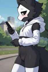 ai_generated anthro black_body black_sclera blushing bottomless_female crop_top cropped_hoodie detached_sleeves female half-closed_eyes hoodie park phone puro_(changed) pussy rule_63 thighhighs walking white_eyes