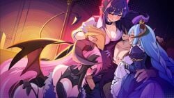 married_into_hell video_games tagme 3girls succubus demon_girl demon_horns succubus_horns succubus_tail horns tail flow_(married_into_hell) juliet_(married_into_hell) yuyo_(married_into_hell) big_breasts demon_tail heterochromia image worknite_games aeolian_(married_into_hell) harem waist_grab blush 1boy glasses on_her_knees multiple_girls smile smiling oral fellatio sucking sucking_penis closed_eyes