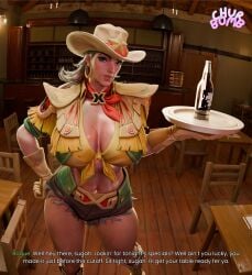 1girls 3d big_breasts churbumb cowboy_hat cowgirl_rogue huge_breasts imminent_sex large_breasts marvel marvel_comics marvel_rivals rogue_(marvel_rivals) rogue_(starlit_rebel) rogue_(x-men) service serving_tray thick_thighs waitress