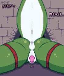 absurd_res animated anthro anus bodily_fluids breath cunnilingus digital_media_(artwork) dungeon ejaculation female genital_fluids genitals green_body green_scales hanta hantanyaw44 hi_res hole_in_wall kobold leg_belt oral panting pixel_(artwork) pixel_animation raised_tail scales scalie sex shaking shivering solo spread_legs spreading tail text through_wall vaginal vaginal_fluids vaginal_squirting vulva white_body white_scales