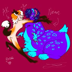 1:1 ak_(petramcbiteybite) ambiguous_gender blush bodily_fluids canid canine claws docked_tail duo erect_nipples felid felid_taur female female/female fox freckles fur genital_fluids genitals grin hi_res humanoid leopard leopard_taur mammal mammal_taur mythological_canine mythological_creature mythology neon_(petramcbiteybite) nipples nonbinary_(lore) orange_body orange_fur overweight pantherine pantherine_taur penis petramcbiteybite poking_penis precum purple_body short_tail skinny smile tail taur touching_penis trans_(lore) trans_woman_(lore) werecanid werecanine werecreature werefox werewolf