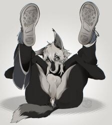 absurd_res after_anal after_sex alternative_fashion anthro anus backsack balls bodily_fluids boxers_(clothing) canid canine character_ash clothed clothing clothing_around_one_leg cum cum_drip cum_in_ass cum_inside dripping emo femboy footwear fox fur gaping gaping_anus genital_fluids genitals hi_res holding_both_legs male mammal monsterchompers monsterclawspng partially_clothed shoes simple_background smile sneakers socks solo spread_legs spreading underwear underwear_around_one_leg underwear_down