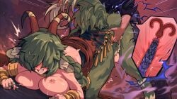 married_into_hell video_games tagme horns big_breasts blush blushing green_hair image worknite_games female 1boy aeolian_(married_into_hell) monster_girl centaur centauress vaginal_penetration from_behind x-ray inside_view defeated ass_up_face_down ass_up waist_grab tail tail_grab enjoying_sex big_penis clenched_teeth nipples milk_squirt breasts breasts_on_floor milk_leaking rough_sex pounding male/female drool drooling movement_lines shock