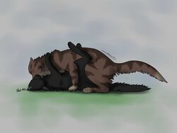 black_fur bramblestar_(warriors) brown_fur duo feline female feral feral_on_feral fur grey_background hollyleaf_(warriors) legs_up lying male mammal missionary_position on_back semi_incest sex simple_background straight thathornycat warriors_(cats)