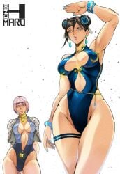 2girls armpits artist_name big_breasts blue_eyes blue_flower blue_nails blue_one-piece_swimsuit bracelet bracelets braid braided_hair_rings breasts brown_eyes brown_hair capcom chinese_clothes chun-li chun-li_(street_fighter_6) cleavage_cutout clothing_cutout commentary cutout_above_navel double_bun earrings eyewear eyewear_on_head flower flower_in_hair flowers_in_hair groin hair_bun hair_flower hair_ornament hair_rings highleg highleg_one-piece_swimsuit highres hip_bones jewelry kinohmaro large_breasts manon_legrand medallion multiple_girls muscular muscular_female navel necklace official_alternate_costume one-piece_swimsuit pink_hair purple_lips short_hair signature street_fighter street_fighter_6 sunglasses sunglasses_on_head swimsuit thick_thighs thigh_strap thighs thin_waist vest white_back wide_hips