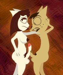 abstract_background alexis_wasilla anthro balls big_nipples big_penis body_hair brown_glans butt comparing comparing_penis curved_penis digital_drawing_(artwork) digital_media_(artwork) domestic_cat erection eye_roll fangs felid feline felis freckles frottage genitals glans gynomorph hand_on_head hand_on_hip hand_on_shoulder happy_trail hi_res humor intersex kitty_bobo lineless maggie_(kitty_bobo) male mammal minimal_shading nipples nude nude_anthro nude_gynomorph nude_male paws penile penis penis_tip penises_touching pink_glans pubes sex shocked shorthair side_profile small_nipples small_penis standing teeth