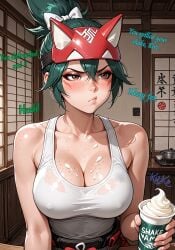 1girls 2:3 :( ai_generated alternate_breast_size angry_eyebrows annoyed annoyed_expression annoyed_face annoyed_female armpit_crease asian asian_female averting_eyes bare_shoulders big_breasts blizzard_entertainment blush blushing blushing_female breasts brown_eyes brown_eyes_female cleavage collarbone cute cute_face dialogue english_dialogue english_text eyelashes eyeliner eyeshadow facial_markings female female_focus fox_mask freckles freckles_on_chest freckles_on_face freckles_on_shoulders green_hair green_hair_female hair_between_eyes hair_bow headband high_ponytail high_resolution highres indoors kiriko_(overwatch) kiriko_kamori kitko large_breasts makeup milkshake nipples_visible_through_clothing overwatch overwatch_2 pouting pouty_lips pov shoulders sidelocks spilled_drink tank_top teasing teasing_dialogue text upper_body upper_body_focus watermark white_skin white_skinned_female white_tank_top