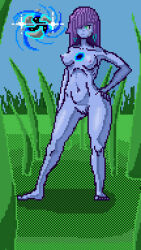 belly blue_body boobs bush feet female fringe fringe_hair green_eyes legs mage mobile_legends mobile_legends:_bang_bang naked nipples novaria_(mobile_legends) nude pixel_art powerful pussy sexy sexy_body sexy_pose standing tits