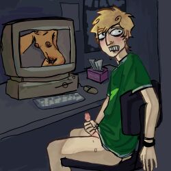 blond_male blonde_hair pantsless shirt_only masturbation turning_around timmy_mcnaughton computer_keyboard computer_screen nude_female watching_video tissue_box suprised piercings circumcised one_handed_masturbation kevin_spencer_(series)