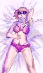 1girl bed before_sex blonde_hair body_hair bra dave_strider female_focus female_only genderswap_(mtf) girl hairy sheets small_breasts solo sunglasses tomboy unshaved_pussy