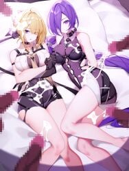 2girls 5boys bare_shoulders black_choker black_gloves blonde_hair bodystocking breasts censored chest_harness choker commentary_request crescent crescent_earrings cum cum_on_body cum_on_breasts cum_on_clothes cum_on_legs dark-skinned_male dark_skin earrings erection evelyn_chevalier gloves hair_over_one_eye harness highres jewelry large_breasts lying mole mole_on_stomach mosaic_censoring multiple_boys multiple_girls nami_qi on_back on_bed open_mouth penis promeia_(zenless_zone_zero) purple_eyes purple_hair shirt surrounded_by_penises white_shirt zenless_zone_zero