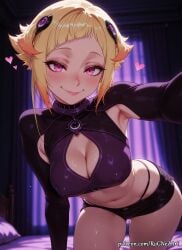 1girl 2026 ai_generated all_fours anime armpits bangs bed black_shorts blonde_hair blush boobs breasts capella_emerada_lugunica cleavage cleavage_cutout closed_mouth clothing_cutout covered_nipples crossover curtains eye_contact female female_focus female_only flushed hair_accessory hair_ornament heart highres huge_breasts indoors inside large_breasts long_sleeves looking_at_viewer midriff navel neutral_expression nsfw on_bed patreon pink_eyes re:zero_kara_hajimeru_isekai_seikatsu reaching_towards_viewer rognezart short_hair short_shorts shorts smile smiling solo sweat sweaty