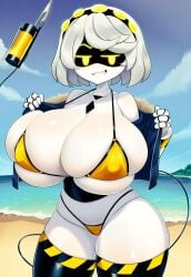 1girls ai_art ai_generated beach big_breasts bikini female_focus female_only grey_hair jacket murder_drones ocean sand smile smiling solo solo_female solo_focus tail v_(murder_drones) yellow_bikini yellow_eyes