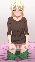 1girls :( bang_dream! blonde_hair blush breasts brown_clothing cleft_of_venus collarbone female female_focus female_only gradient_background green_panties hair_between_eyes kneeling long_hair long_sleeves looking_at_viewer medium_breasts noshimurin panties panties_down pants pants_down portrait pulling_panties purple_eyes pussy shadow shirasagi_chisato simple_background solo t-shirt teeth very_high_resolution white_panties