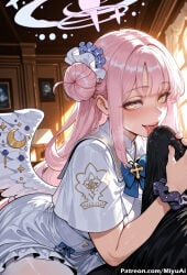 1girl ai_assisted ai_generated angel_wings bangs blue_archive blue_bow blue_neckwear blush bow breasts curvaceous curvy curvy_female curvy_figure dildo dress eyebrows_visible_through_hair feathered_wings feathers female hair_bun hair_ornament indoors long_hair looking_at_viewer mika_(blue_archive) miyuai one_side_up open_mouth pink_hair saliva sex_toy sexually_suggestive short_sleeves sidelocks smile solo solo_focus thick thick_ass thick_butt thick_hips thick_legs thick_thighs tongue tongue_out voluptuous voluptuous_female white_wings wide_hips wide_thighs window wings yellow_eyes