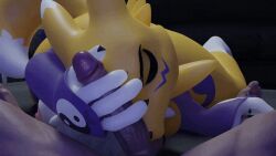 saltysweets bandai_namco digimon digimon_(species) renamon human human_on_anthro anthro furry male female male/female fellatio penis big_penis 1boy1girl yellow_fur yellow_body white_fur white_body two_tone_body two-tone_fur licking_balls ballsack testicles big_balls big_testicles worship worshipping ball_worship glans handjob closed_eyes bed armwear bridal_gauntlets sucking sucking_balls 4_fingers symbol ying_yang_symbol tan_skin 1boy 1girls