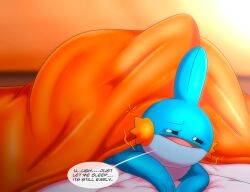 absurd_res ass axel_the_mudkip bed big_ass blanket blanket_covering blue_body blue_skin generation_3_pokemon half-closed_eyes half-lidded_eyes hi_res huge_ass laying_on_stomach looking_at_viewer mattress mudkip naked naked_male nintendo orange_blanket original_character pokemon pokemon_(species) pokemon_only sleepy speaking_to_viewer squinting talking_to_viewer tepigfan101 text text_bubble tired tired_expression tired_eyes tired_look wall
