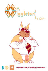 accessory anthro arm_hair arm_tuft balls belly big_belly black_eyebrows black_nose body_hair canid canine canis chocolateandmilk domestic_dog elbow_tuft eyebrows eyes_closed eyewear foreskin front_view fur genitals glasses gloves_(marking) head_tuft hi_res male male_anthro mammal markings moobs necktie nipples obese obese_anthro obese_male overweight overweight_anthro overweight_male penis pink_nipples pink_penis rectangular_glasses richard_(chocolateandmilk) simple_background solo standing text tuft url white_background white_balls white_body white_fur yellow_body yellow_fur
