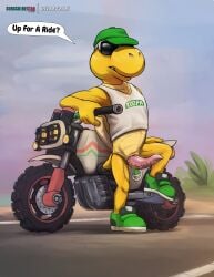 2026 absurd_res animal_genitalia animal_penis anthro biped bottomless bottomless_anthro bottomless_male clothed clothing dialogue digital_media_(artwork) english_text erection eyewear footwear genital_slit genitals hat headgear headwear hi_res koopa lizardlars male male_anthro mario_bros motorcycle nintendo outside penis pink_penis scalie shell shirt shoes solo speech_bubble sunglasses tank_top tapering_penis text topwear turtle_shell vehicle