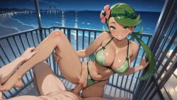 mallow_(pokemon) pokemon ai_generated outdoors pov lingerie green_lingerie sexy_lingerie sky feet legs_up leg_grab dark_skin beach pussy sweat thighs bikini grin swept_bangs low_twintails railing panties_aside green_hair ocean nude night bra long_hair dark_skinned_female spread_legs collarbone navel blush vaginal_penetration vaginal 1girl 1boy hair_flower legs solo_focus cleavage underwear looking_at_viewer balcony smile water penis sex