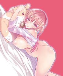 ass bare_shoulders bed_sheet bottomless breasts female hair_ornament hug large_breasts long_hair lying nipples off_shoulder on_stomach one_side_up original pink_background pink_hair puffy_nipples simple_background smile solo stuffed_animal stuffed_toy yuuki_shin