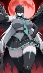 1girls ai_generated big_breasts bodysuit breasts chains claws cleavage crossed_legs curvy demon digimon digimon_adventure digimon_adventure_02 evil_smile fangs female full_moon girlfemale gloves goth_girl hatsune_miku_(cosplay) ladydevimon leather_clothing long_hair low-angle_view masked night no_panties nude only pervert pussy red_eyes seductive selfie_pose sexy skirt smug stockings suggestive vagina voluptuous white white_hair wings