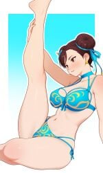 big_breasts capcom dullahan_(alekey_art) street_fighter chun-li absurdres bilingual_commentary commentary english_commentary highres mixed-language_commentary 1girl armpit_crease barefoot bikini blue_bikini blue_choker blue_ribbon breasts brown_eyes brown_hair choker collarbone double_bun flexible flower hair_bun hair_flower hair_ornament hair_ribbon hibiscus holding_own_leg large_breasts leg_up navel parted_lips ribbon short_hair sitting solo stomach swimsuit thighs white_background