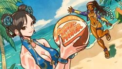 1boy 2girls ball beach beach_ball beachball big_breasts bikini blanka blanka-chan blue_one-piece_swimsuit bracelet bracelets braid braided_hair_rings breasts capcom chun-li chun-li_(street_fighter_6) commentary_request cropped_jacket dark-skinned_female dark_skin dreadlocks flower hair_flower hair_ornament hair_pulled_back hair_rings headband holding holding_ball kimberly_jackson large_breasts multiple_girls official_alternate_costume official_alternate_hairstyle official_art one-piece_swimsuit promotional_art sandals smile street_fighter street_fighter_6 swimsuit takeuchi_ryousuke thigh_strap toned toned_female walkman waving yellow_bikini