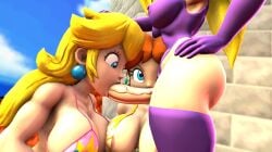 wapeach princess_peach princess_daisy mario_(series) nintendo 3d 3d_(artwork) kabalmystic_(style) gladehope trio outdoors ginger_hair blonde_hair blue_eyes earrings flower_earrings breasts big_breasts thighs big_thighs thick_thighs thick thick_hips wide_hips curvy penis big_penis 1futa 2girls futanari solo_futa duo_female female female/futa futa/female futanari/female female/futanari light_skin light-skinned_female light-skinned_futa sucking_penis penis_sucking long_hair shoulder_length_hair bikini cleavage leotard purple_leotard gloves elbow_gloves purple_elbow_gloves nipple_bulge hand_on_hip unseen_futa_face female_focus lipstick lips pink_lipstick