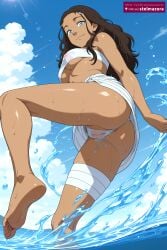 ai_generated ai_assisted stelmazura katara nicktoons nickelodeon avatar_the_last_airbender 1girl solo long_hair breasts looking_at_viewer smile blue_eyes brown_hair black_hair medium_breasts swimsuit ass bikini outdoors sky barefoot pussy day cloud dark_skin water feet dark-skinned_female blue_sky wet see-through anus toes underboob cameltoe ocean white_bikini bandages soles from_below wet_clothes sun tube_top sarong splashing anus_peek