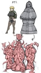 artist_request blonde_hair eaten_then_fucked female_only imminent_vore interspecies iron_maiden large_breasts monster monster_on_female simple_background tentacles vore white_background