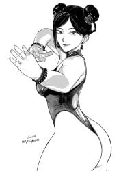 1girl artist_name ass back_cutout bare_shoulders bead_bracelet beads big_breasts bracelet bracelets braid breasts capcom chun-li chun-li_(street_fighter_6) closed_mouth clothing_cutout commentary cowboy_shot dated double_bun earrings fighting_stance flower from_side greyscale hair_bun hair_flower hair_ornament highleg highleg_one-piece_swimsuit highres jewelry looking_at_viewer luwdd medium_breasts monochrome official_alternate_costume one-piece_swimsuit reference reference_image_at_source simple_background solo street_fighter street_fighter_6 swimsuit thighs white_background