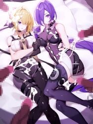 2girls 5boys bare_shoulders black_choker black_gloves black_pants blonde_hair bodystocking boots breasts censored chest_harness choker commentary_request crescent crescent_earrings cum cum_on_body cum_on_breasts cum_on_clothes cum_on_legs dark-skinned_male dark_skin earrings erection evelyn_chevalier gloves hair_over_one_eye harness highres jewelry large_breasts lying mole mole_on_stomach mosaic_censoring multiple_boys multiple_girls nami_qi on_back on_bed open_mouth pants penis promeia_(zenless_zone_zero) purple_eyes purple_hair shirt surrounded_by_penises thigh_boots white_shirt zenless_zone_zero
