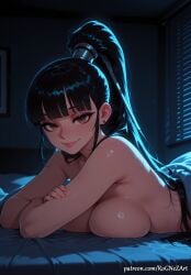 1girl 2026 ai_generated anime bangs bed bed_sheet black_hair blunt_bangs blush boobs breasts brown_eyes cleavage closed_mouth completely_nude crossed_arms crossover earrings eve_(stellar_blade) eye_contact female female_focus flushed highres huge_breasts indoors inside jewelry large_breasts lips long_hair looking_at_viewer lying neutral_expression night nsfw nude on_bed on_stomach patreon ponytail rognezart shift_up smile smiling solo stellar_blade very_long_hair window