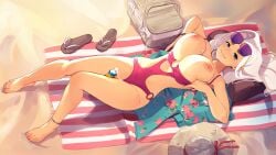 1girls :) :3 anklet areolae barefoot basket beach beach_towel big_breasts blue_eyes blush bracelet breasts breasts_out earrings eyelashes feet female female_only hat_removed highres june_(squeezable) knees_together_feet_apart large_breasts legs lips long_hair looking_at_viewer lying mole mole_on_breast mole_under_eye nipples o-ring on_back on_towel one-piece_swimsuit original outdoors outside presenting presenting_breasts red_swimsuit sandals seductive smile smug solo squeezable squeezing_breasts sunglasses sunglasses_on_head sunscreen swimsuit tanned tanned_skin thighs uncropped wallpaper white_hair