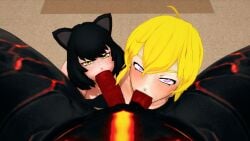 1boy 2girls black_hair black_hair_female blake_belladonna blonde_female blonde_hair blowjob cat_ears double_blowjob female grimm_(rwby) indrick_[artist] long_hair long_hair_female male monster monster_boy monster_cock nude_female pov purple_eyes rwby two_dicks yang_xiao_long yellow_eyes