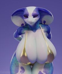 1girls 3d 5:6 animated anthro big_breasts bikini blue_body blue_scales breasts_bigger_than_head child_bearing_hips connivingrat female female_only gold_bikini green_eyes hanging_breasts huge_breasts leaning_forward massive_breasts massive_thighs nisha_(bluedingo) no_sound scalie short_playtime shorter_than_10_seconds shorter_than_30_seconds sloshing_breasts smile snake snake_girl snake_hood swinging_breasts tagme thick_thighs vertical_video video white_body white_scales