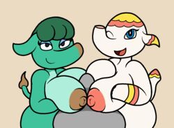 1boy 2017 2girls animal_crossing anthro areola big_breasts breasts double_paizuri duo_focus elephant faceless_male female female_focus green_hair group group_sex hair huge_breasts interspecies looking_at_viewer male mammal margie_(animal_crossing) mr.under nintendo nipples one_eye_closed opal_(animal_crossing) open_mouth paizuri penis sex simple_background slightly_chubby smile straight threesome video_games wink