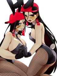 2girls artist_request backwards_cap black_hair blush bunnysuit drooling earrings holding_hands looking_at_viewer mv_character plain_background selfcest size_difference synthesizer_v vimalion_pro watermark yi_xi_(synthesizer_v)