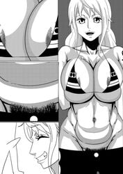 1boy 1girls areola_slip arms_up bare_shoulders big_breasts bikini bikini_top black_and_white blush busty cleavage comic curvy duo ear_piercing earrings erection eyelashes female front_view hairy_pussy hourglass_figure human long_hair looking_at_viewer male midriff nami one_piece open_mouth pants piercing pose posing pubes pubic_hair simple_background speech_bubble standing straight tattoo teamtgs underboob voluptuous white_background wide_hips