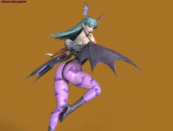 3d ass back bare_shoulders bat_wings clothing darkstalkers demon_girl fangs female fully_clothed green_hair head_wings heels high_heels hips huge_ass legs leotard licking_hand long_hair looking_at_viewer looking_back morrigan_aensland naughty_face simple_background solo succubus the_majestic thick_thighs thighs tongue tongue_out wide_hips wings yellow_background