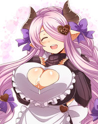 1girls :d ^_^ after_paizuri afuro apron blush bow braid breast_suppress breasts brown_sweater closed_eyes cum cum_on_body cum_on_breasts cum_on_upper_body doraf female granblue_fantasy hair_ornament hair_over_one_eye hairbow head_tilt heart heart_cutout heart_hair_ornament horns huge_breasts lavender_hair long_hair looking_at_viewer narmaya_(granblue_fantasy) open_mouth pointy_ears purple_bow ribbed_sweater sleeves_past_wrists smile solo sparkle sweater very_long_hair white_apron white_background