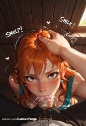 1boy 1girls adult_and_teenager against_wall age_difference ai_generated arm_tattoo artist_name big_penis bikini blowjob blush brown_eyes cum cum_in_mouth cum_in_throat cute deep_blowjob deepthroat european eye_contact female freckles fringe ginger good_girl gulp hand_on_head heart hi_res innocent kneeling light-skinned_female long_hair looking_at_viewer lumenforge male motion_lines nami_(one_piece) one_piece oral orange_eyes orange_hair patreon patreon_logo penis petite pov pulling_out redhead slim sound_effects swallowing_cum swallowing_penis_while_deepthroat swedish tattoo tattoo_on_arm tattooed_arm teenager very_long_hair web_address