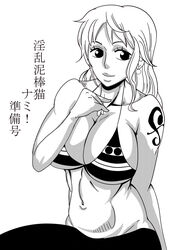 1girls arms_up bare_shoulders big_breasts bikini bikini_top black_and_white busty cleavage curvy ear_piercing earrings eyelashes female female_only front_view hourglass_figure huge_breasts human japanese_text long_hair looking_at_viewer midriff monochrome nami no_panties one_piece pants piercing pose posing simple_background solo sound_effect standing tattoo teamtgs text translation_request underboob voluptuous white_background wide_hips