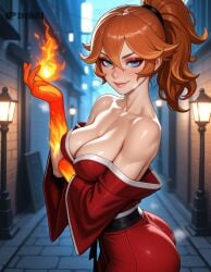 ai_generated aura big_ass big_breasts cleavage dtkai fire_arms from_side japanese_clothes mereoleona_vermillion outside pyrokinesis street