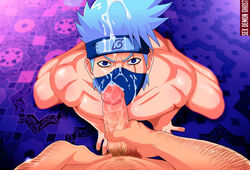 2boys blue_eyes bukkake cum erection facial hatake_kakashi headband looking_at_viewer male_focus mask multiple_boys muscle naruto nude penis penis_grab pov scar sex_demon_ghost silver_hair solo_focus yaoi