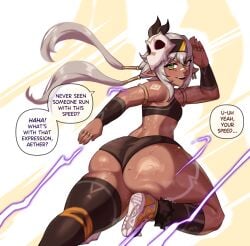 1girls ass dark-skinned_female dark_skin english_text female female_focus female_only genshin_impact iansan_(genshin_impact) large_ass looking_at_viewer looking_back solo text thick_thighs thighs wingedwasabi